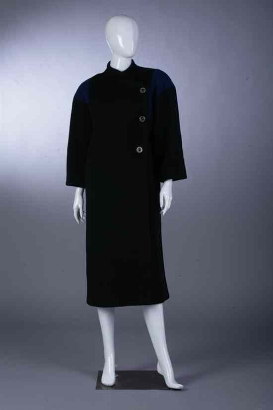 Appraisal: PAULINE TRIG RE BLACK AND COBALT WOOL COAT s size