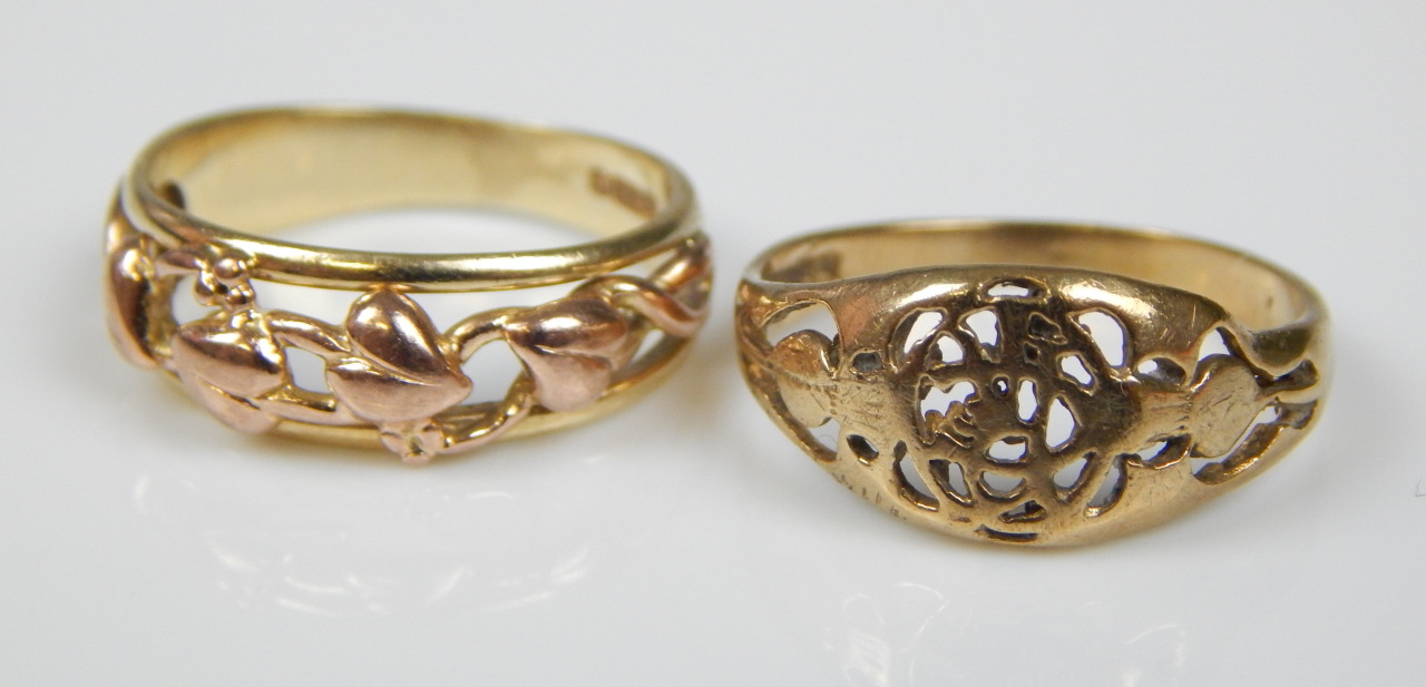 Appraisal: Two ct gold dress rings each of pierced design g