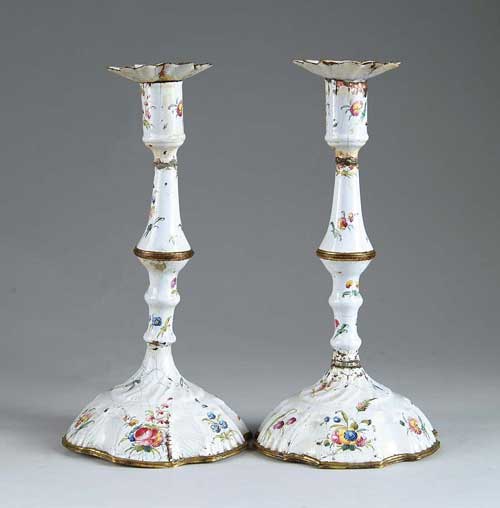 Appraisal: PAIR OF BILSTON ENAMEL CANDLESTICKS Pair of th Century Bilston