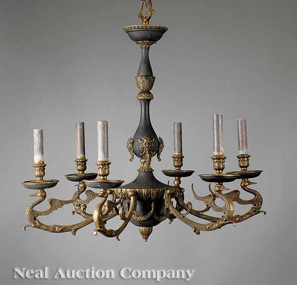 Appraisal: A Regency-Style Patinated and Gilt Metal Six-Light Chandelier c vasiform