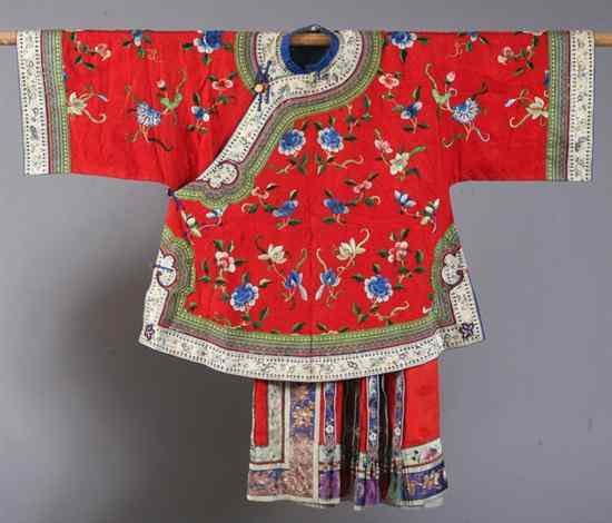 Appraisal: CHINESE EMBROIDERED RED SILK SKIRT AND COAT Worked in satin