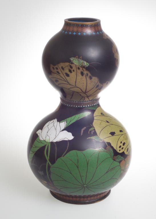 Appraisal: ORIENTAL CLOISONNE DOUBLE GOURD VASE decorated with water lilies a