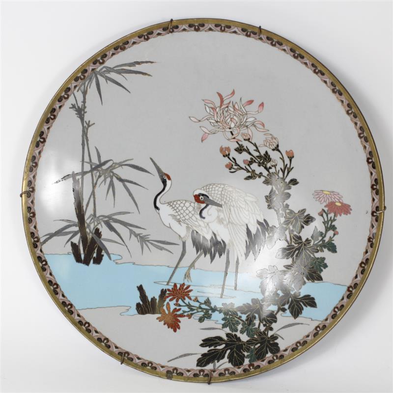 Appraisal: Japanese Polychrome Cloisonne Enamel Deep Plate featuring two cranes and