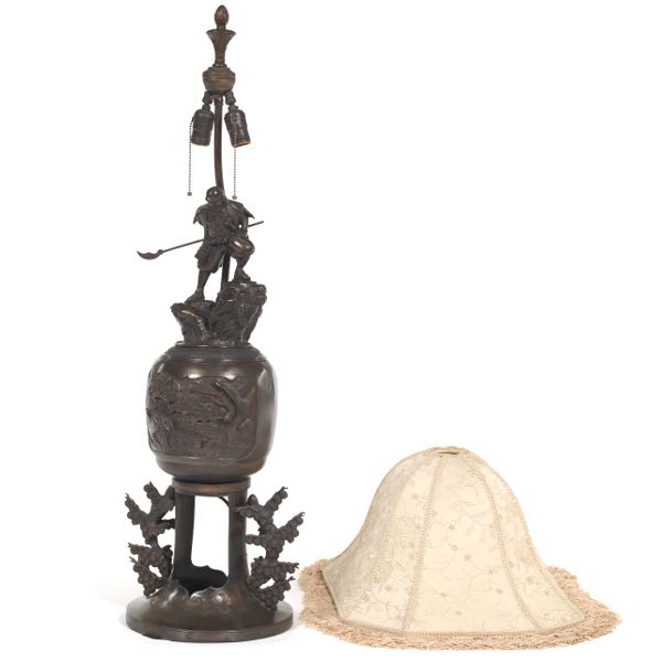 Appraisal: JAPANESE BRONZE COPPER ALLOY LAMP WITH EMBROIDERED SILK AND SATIN