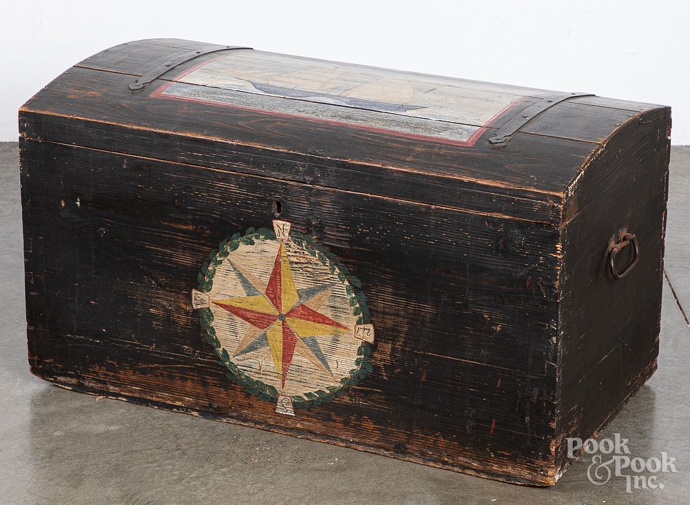 Appraisal: Painted pine dome lid trunk th c Painted pine dome