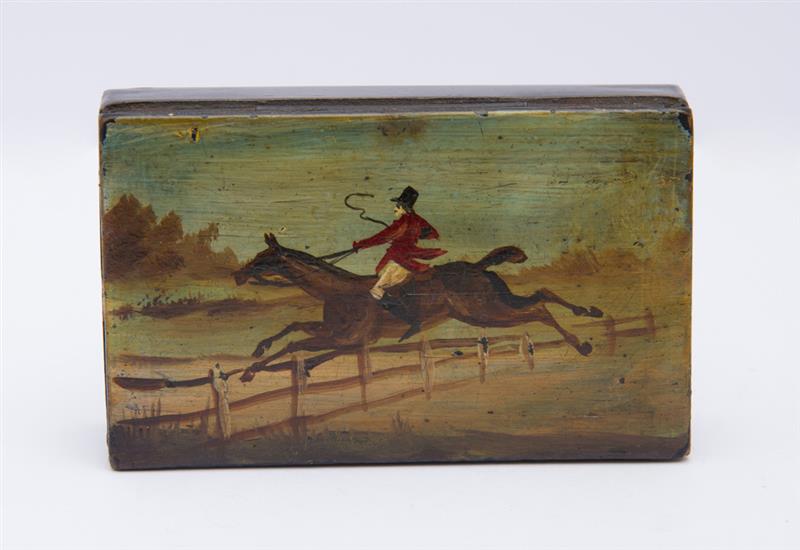 Appraisal: VICTORIAN PAPIER M CH PATCH BOX Painted with a huntsman