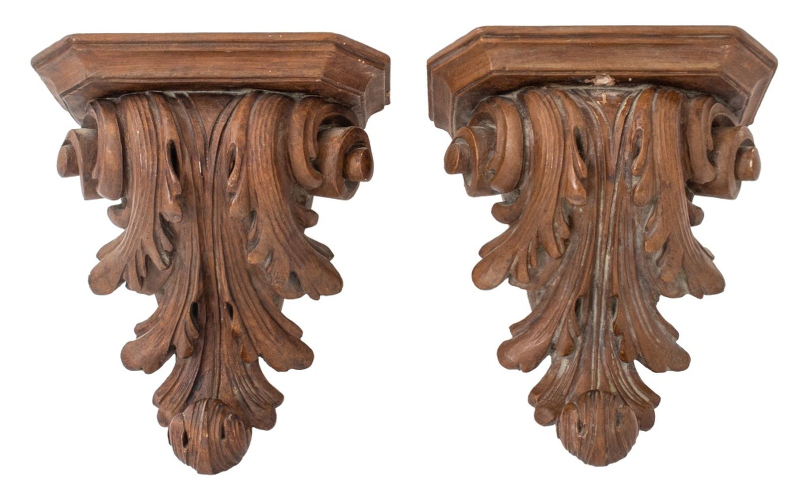 Appraisal: TROMPE L'OEIL WOOD PLASTER WALL BRACKETS PAIR Trompe l'oeil faux