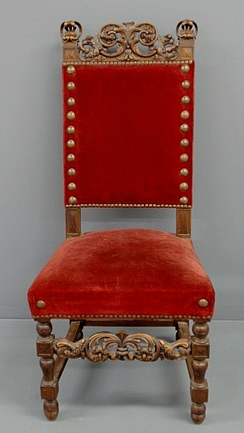 Appraisal: Continental carved walnut side chair with red upholstery h x