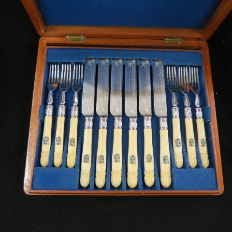 Appraisal: Ivory Silver Breakfast Service knives forks in custom box English