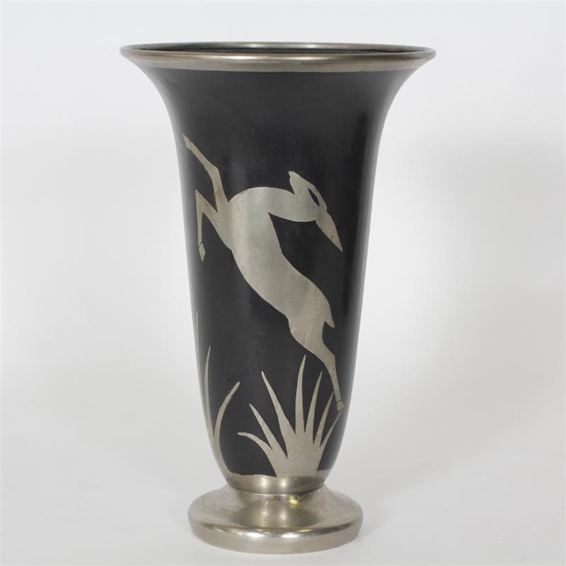 Appraisal: Jacques Douau Art Deco Mixed Metal Trumpet Vase with leaping