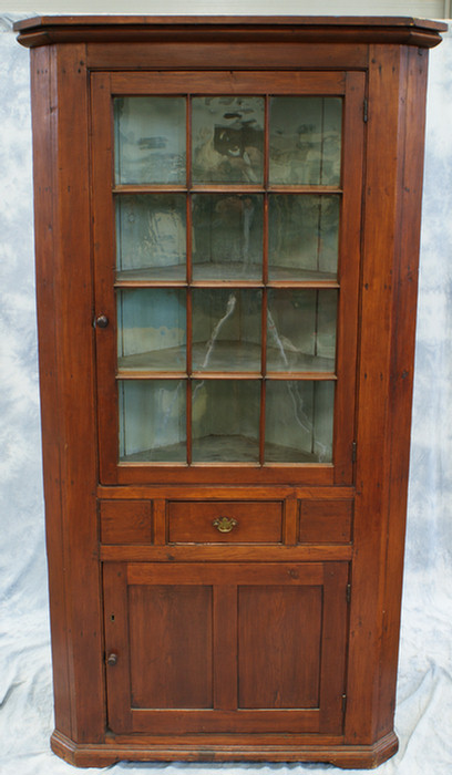 Appraisal: One piece pine pane corner cupboard with drawer h corner