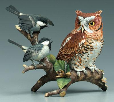 Appraisal: Hutschenreuther bird group Disdain screech owl with black-capped chickadees green