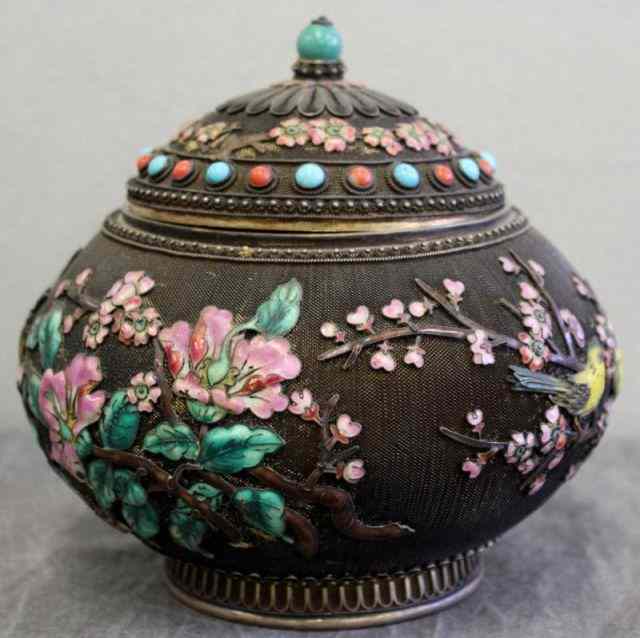 Appraisal: Excellent Chinese Enamel Decorated Gilt SilverCovered Urn Fine filigree work