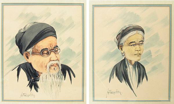 Appraisal: A group of eight Asian watercolor portraits height of tallest