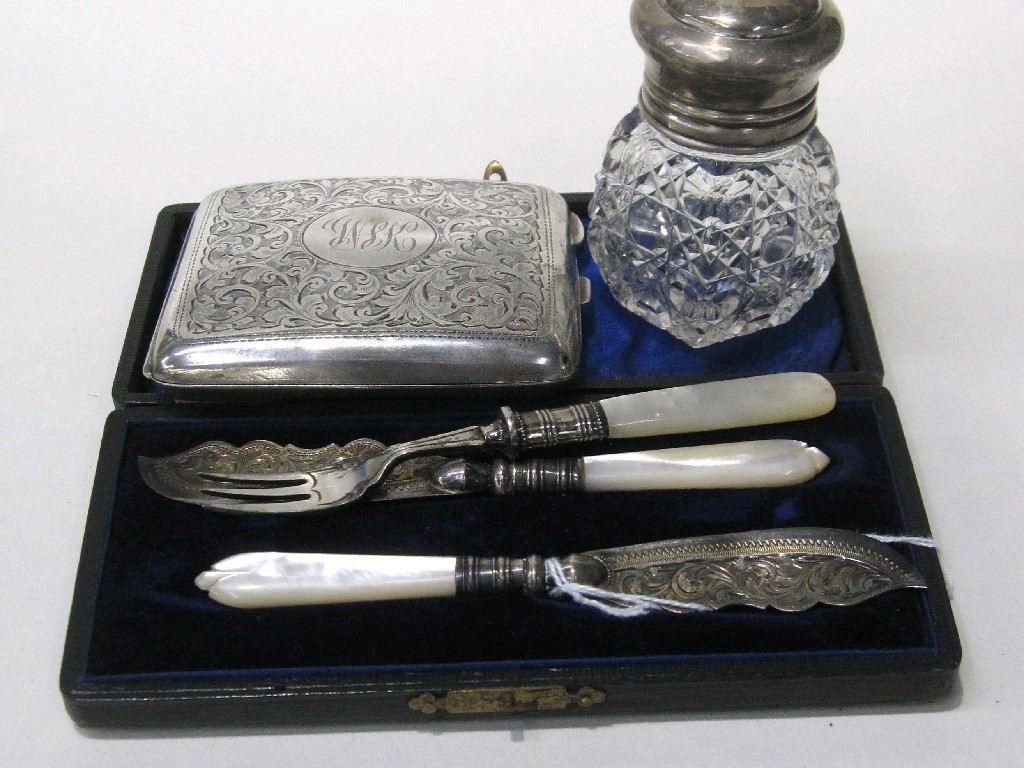 Appraisal: Lot comprising cased pair of silver and mother of pearl