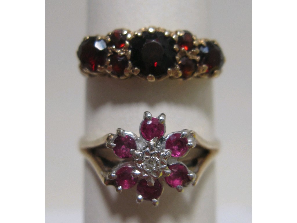 Appraisal: Lot comprising ct gold ruby and diamond cluster ring and