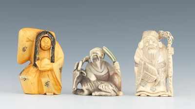 Appraisal: Three Carved Ivory Netsuke Including a seated man with a