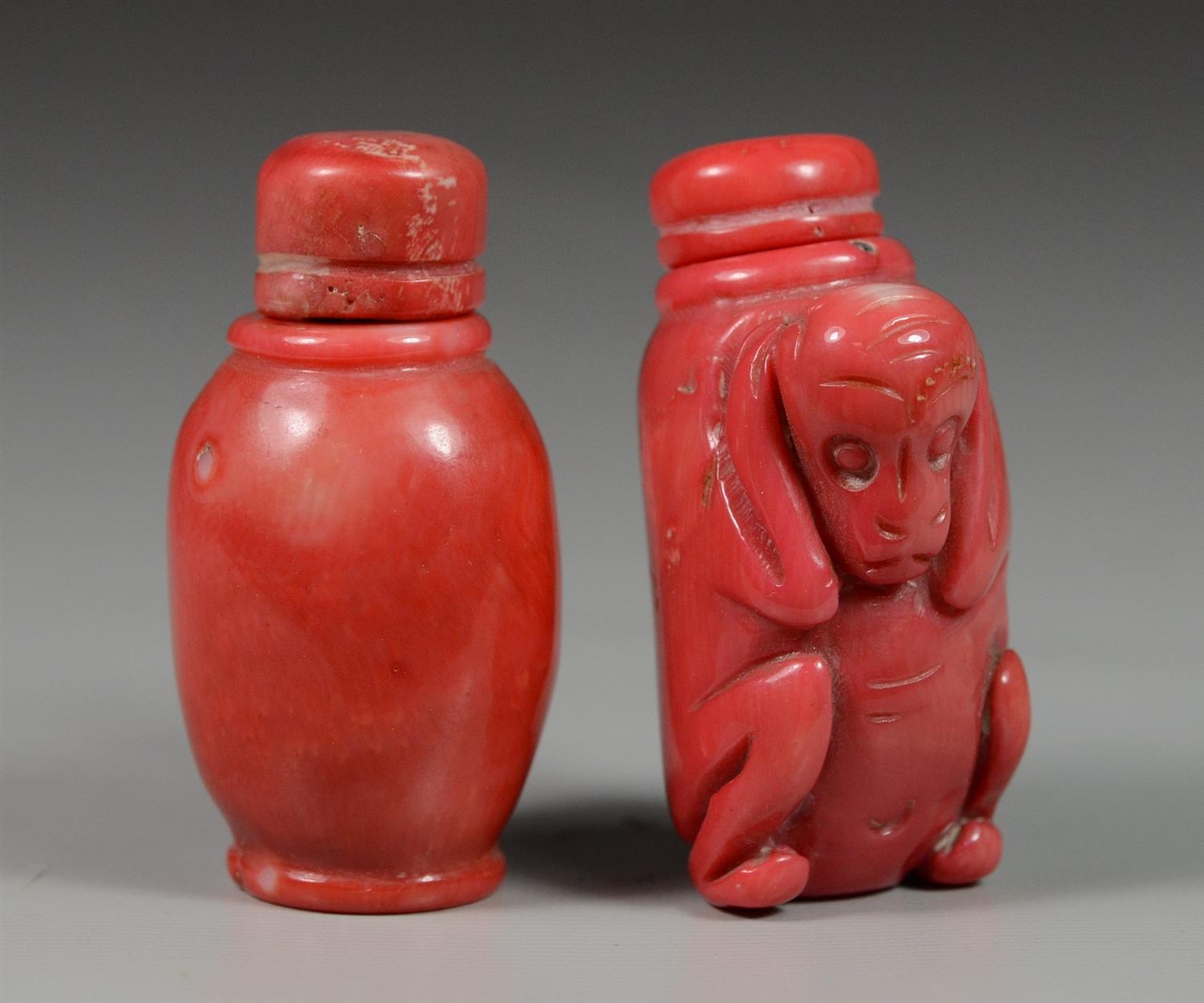 Appraisal: Carved coral Chinese snuff bottles one with monkey tallest