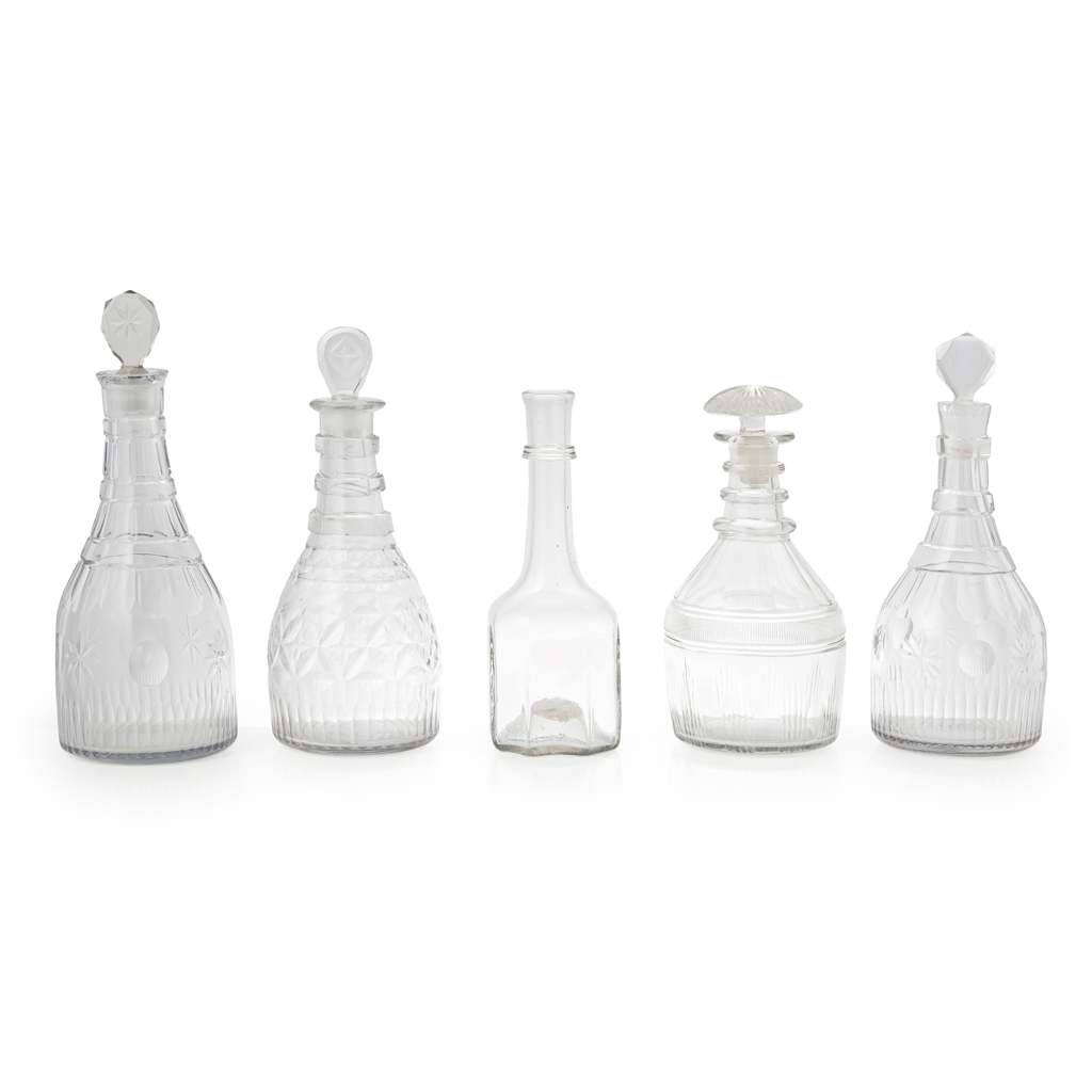 Appraisal: GROUP OF FIVE GLASS DECANTERS TH AND TH CENTURY comprising