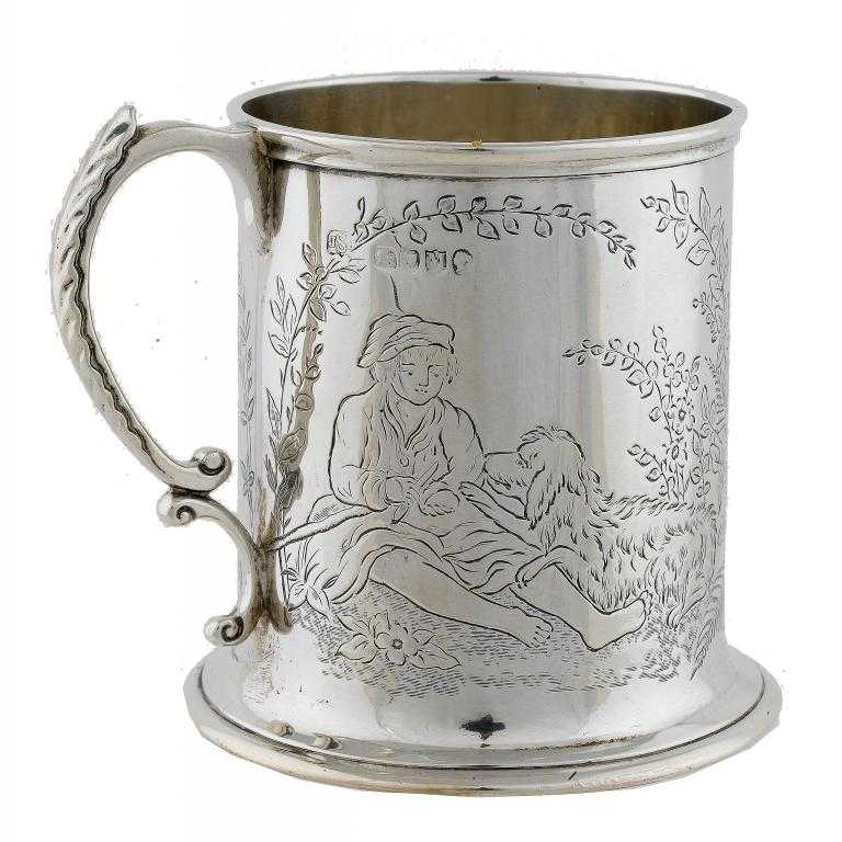 Appraisal: A VICTORIAN MUG of can form engraved with a boy