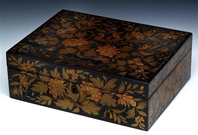 Appraisal: A TH CENTURY BLACK LACQUER RECTANGULAR WORKBOX the interior fitted