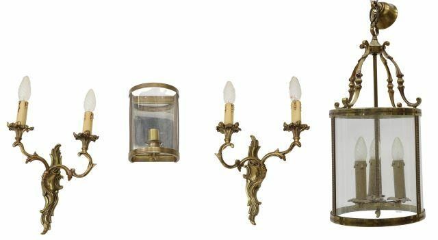 Appraisal: lot of French gilt metal lighting comprising three-light hanging lantern