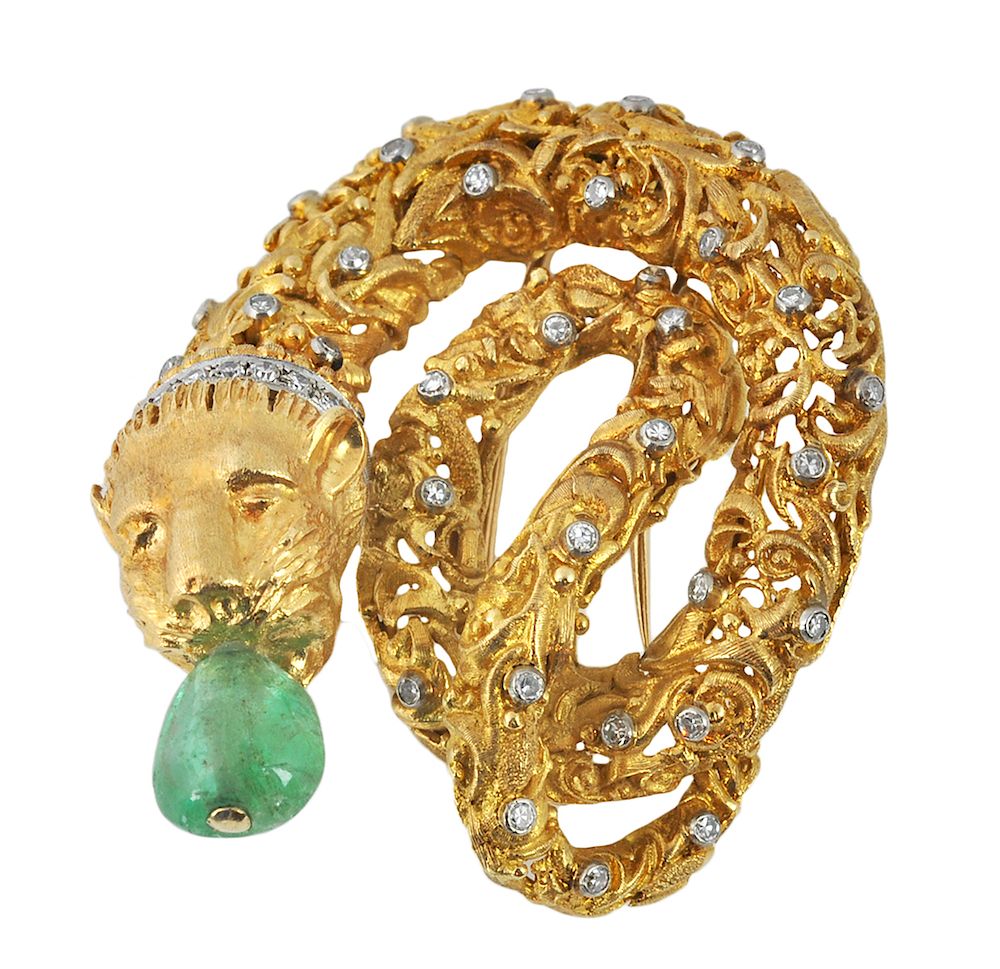 Appraisal: Lalaounis Kt Gold Diamond Emerald Brooch Lalaounis Kt yellow gold