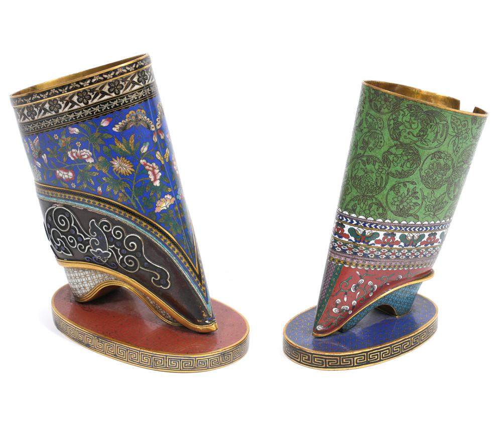 Appraisal: CHINESE BRONZE CLOISONNE SHOES ON PLINTHS Chinese cloisonne bronze Lotus