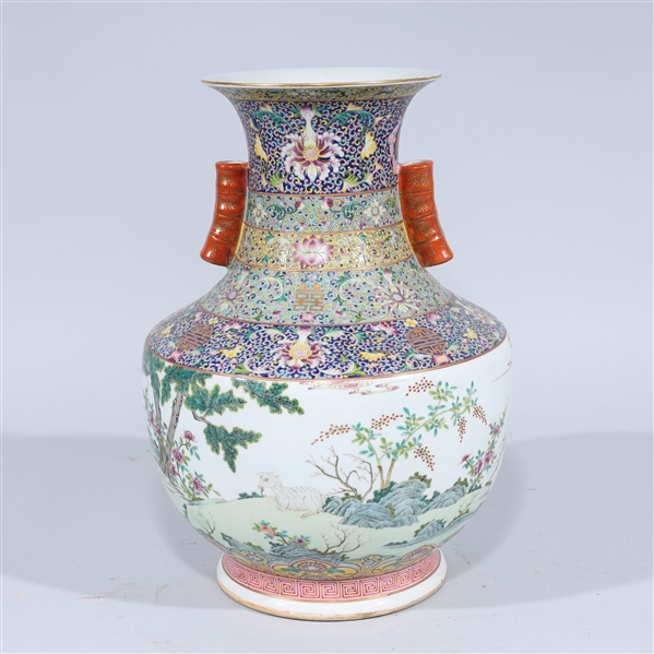 Appraisal: Large Chinese famille rose enameled porcelain vase with landscape and