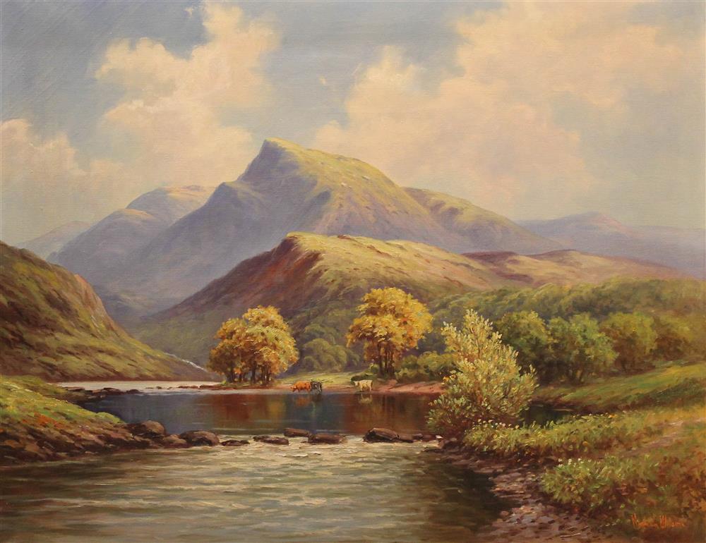 Appraisal: NORMAN WILSON BRITISH - MOUNTAINS WITH RIVER AND CATTLE Oil