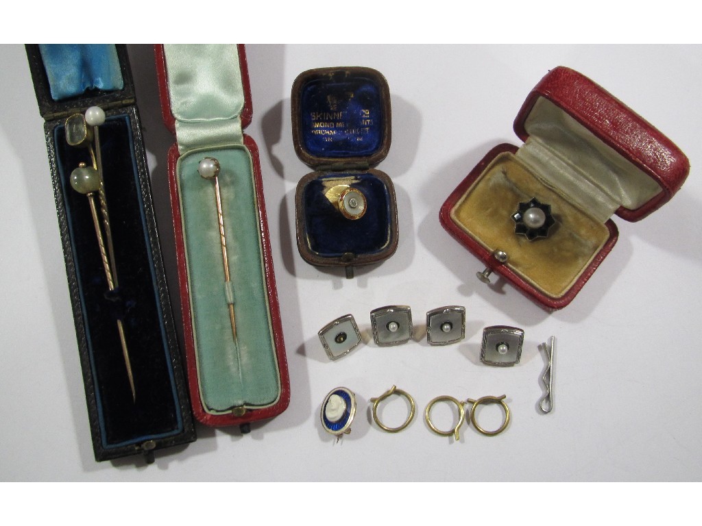 Appraisal: Lot comprising four various stick pins sapphire and pearl shirt