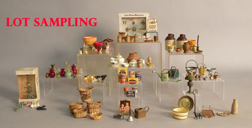 Appraisal: Large group of doll house accessories including china glasswares pictures