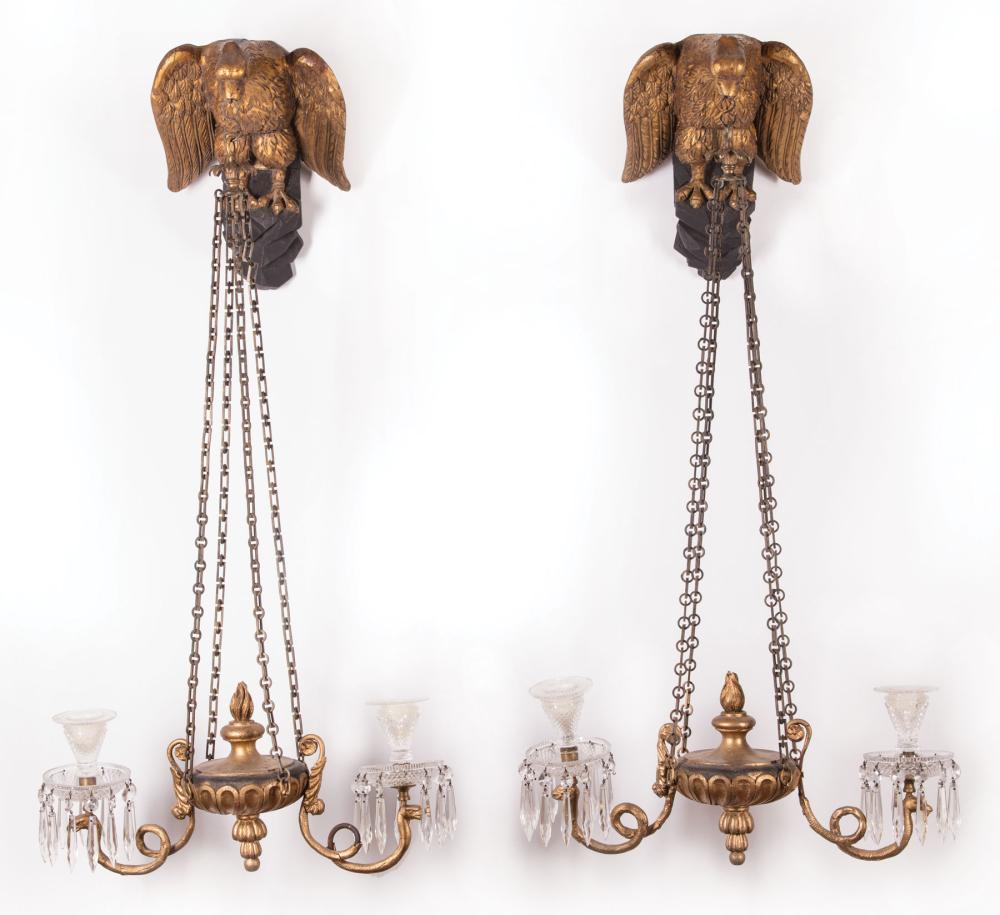 Appraisal: Pair of Continental Carved Gilt and Ebonized Two-Light Sconces c