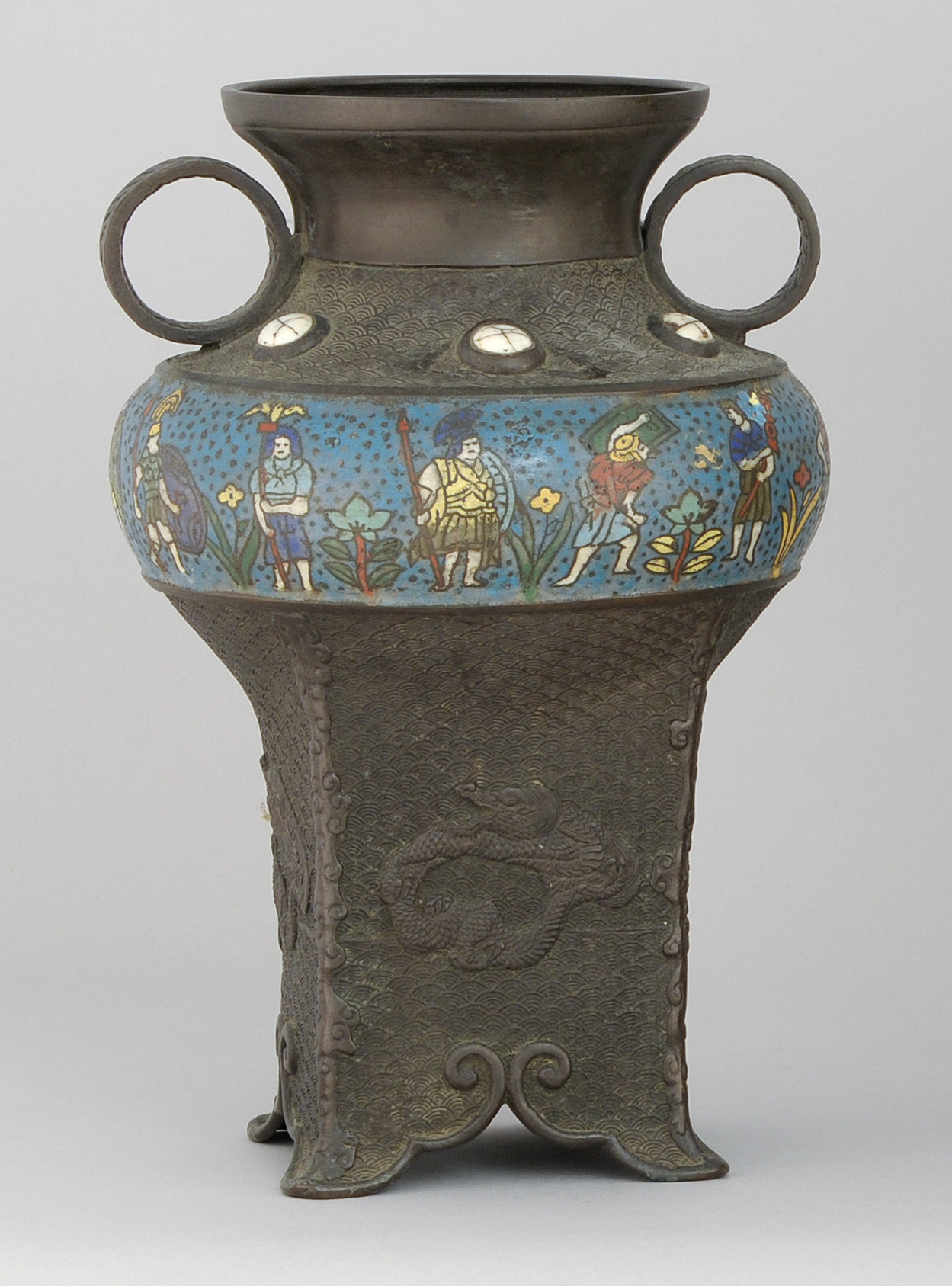 Appraisal: CHAMPLEV ENAMEL-ON-BRONZE VASE Meiji Period With unusual rectangular foot and