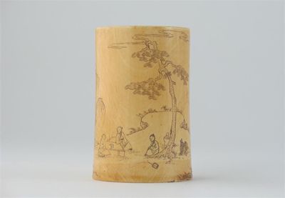 Appraisal: A Chinese ivory cylindrical brushpot engraved with figures and animals