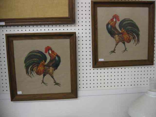 Appraisal: Pair of Framed Needlepoints of Roosters '' square