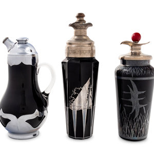 Appraisal: A Group of Three Black Glass Cocktail Shakers th Century