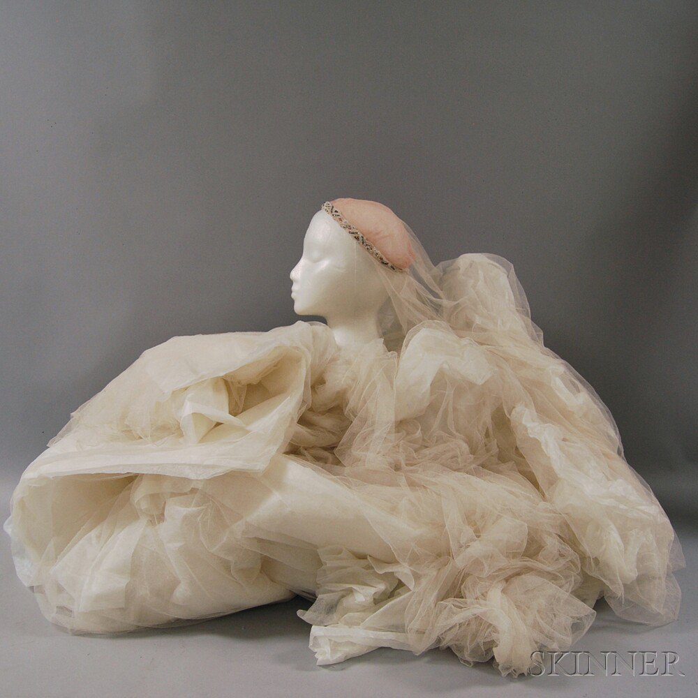 Appraisal: White Net Wedding Veil with Peach Net Cap Jeanne Lanvin