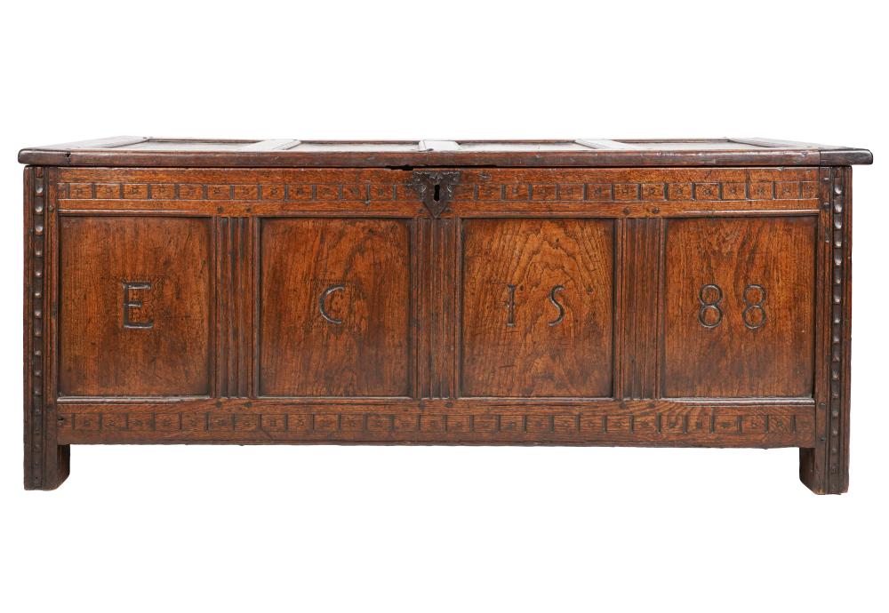 Appraisal: ENGLISH CARVED OAK BLANKET CHESTthe paneled hinged lid over a