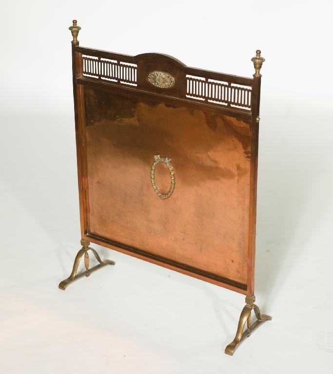 Appraisal: EDWARDIAN ADAM REVIVAL COPPER AND BRASS FIRESCREEN with urn finials