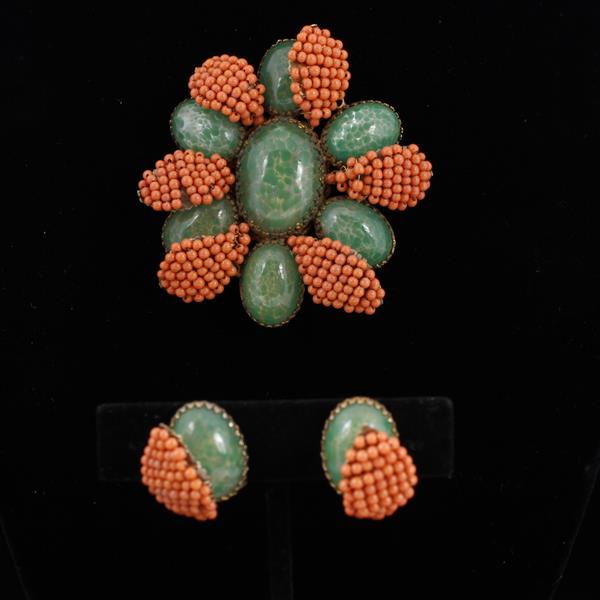 Appraisal: Miriam Haskell pc Floral Brooch Clip Earrings with green Czech