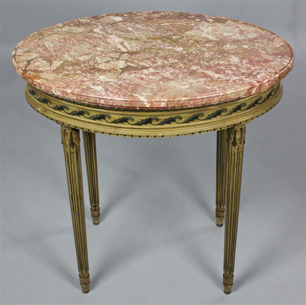 Appraisal: LOUIS XVI STYLE PAINT DECORATED OVAL TABLE WITH MARBLE TOP