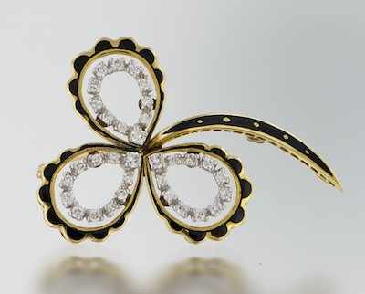 Appraisal: An Estate Diamond and Enamel Shamrock Pin k yellow gold