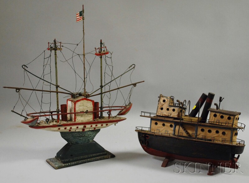 Appraisal: Two Folk Painted Carved Wood and Metal Boat Models a