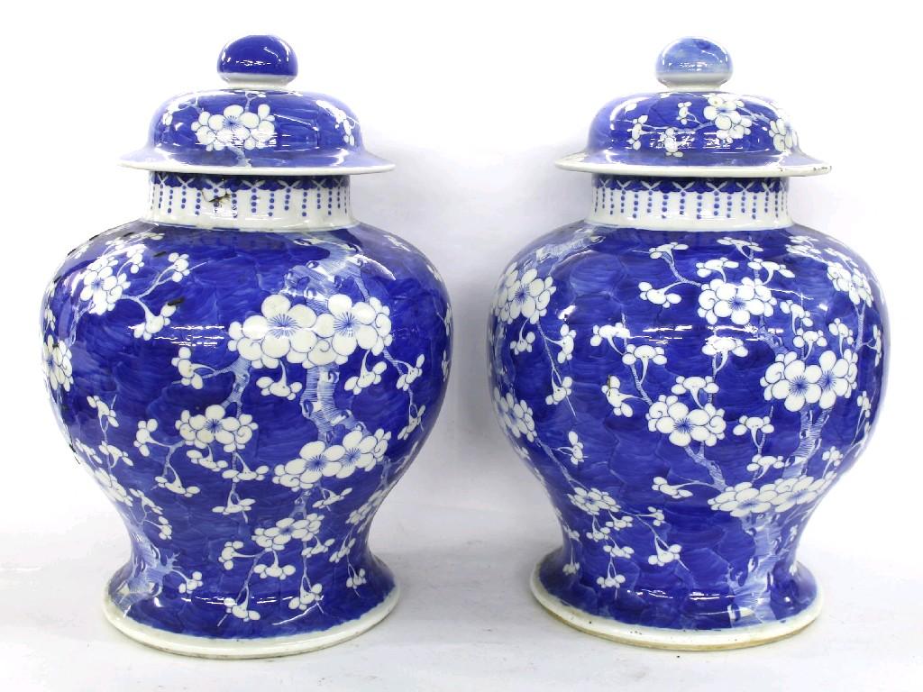 Appraisal: Pair of large Chinese baluster vases and covers decorated with