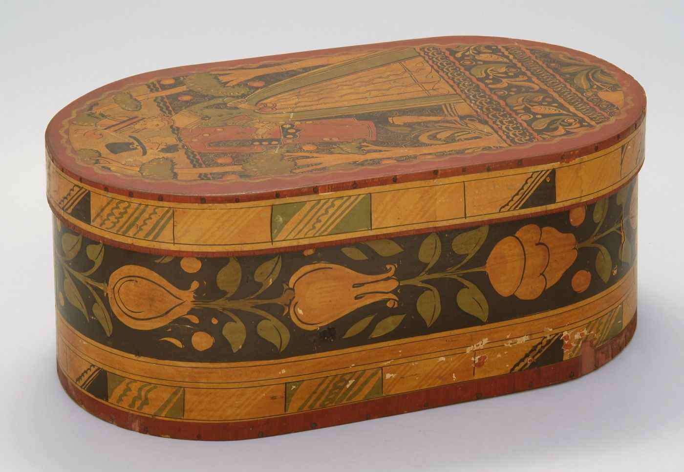 Appraisal: COLONIAL-STYLE OVAL BANDED BRIDE'S BOXWith th Century decoration by Tong