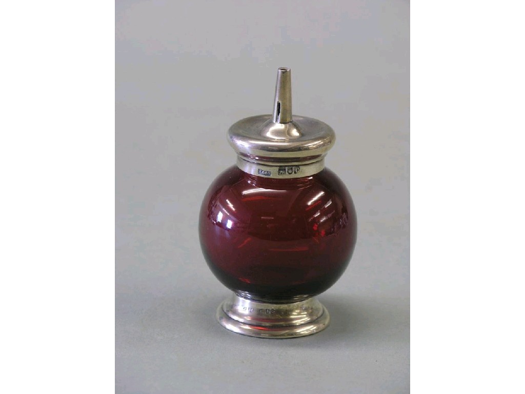 Appraisal: An unusual silver mounted ruby glass oil bottle London retailer