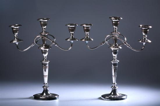 Appraisal: PAIR GEORGE III SHEFFIELD PLATE THREE-LIGHT CONVERTIBLE CANDELABRA early th