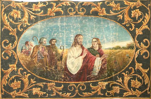 Appraisal: A French paint decorated wall hanging featuring Christ and his