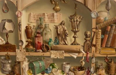 Appraisal: Deborah Jones - Trompe L'oiel of Cluttered Shelves signed and